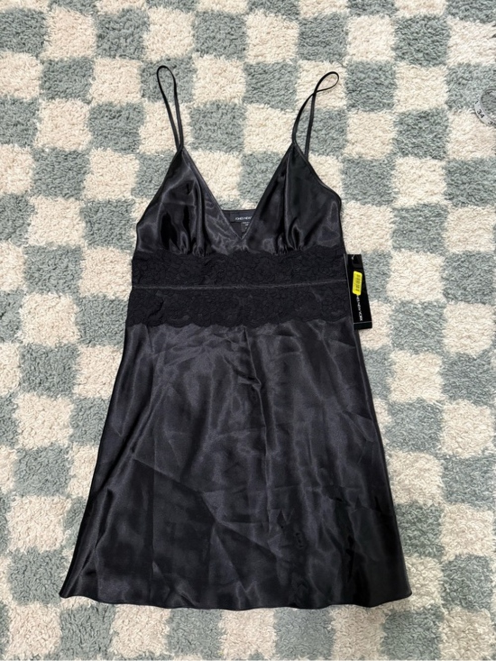 Jones New York NWT vintage retro black satin mini slip dress lace evening Small